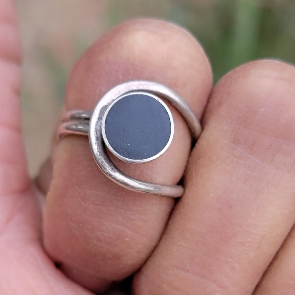 Vintage Southwestern modernist 925 sterling silver MEXICO onyx inlay ring TAXCO - Picture 15 of 17